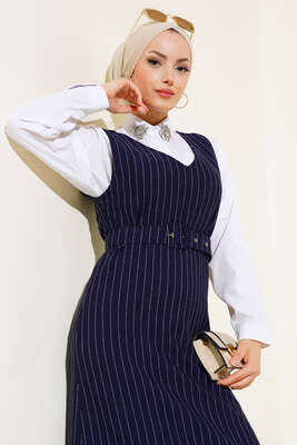 Çizgili Kemerli Jile Lacivert - Thumbnail