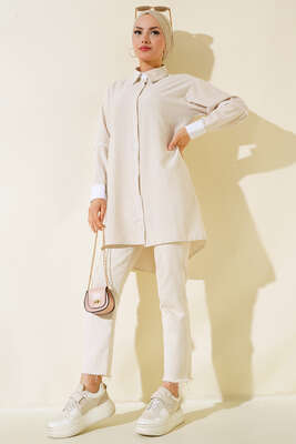 Manşet Detaylı Çizgili Tunik Latte - Thumbnail