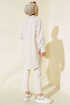 Manşet Detaylı Çizgili Tunik Latte - Thumbnail