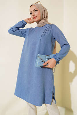 Omuz Pileli Taşlı Tunik Mavi - Thumbnail