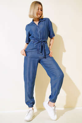 Pazarium - Kuşaklı Gömlek Yaka Kot Tulum Orta Mavi