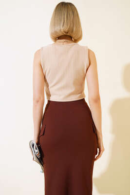 İnce Çizgili Kısa Yelek Bej - Thumbnail