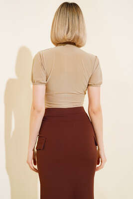 V Yaka Likralı Crop Bej - Thumbnail