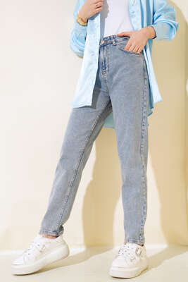 Pazarium - Dar Paça Mom Jean Kot Pantolon Tintli