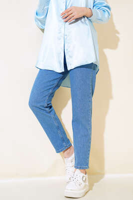 Pazarium - Dar Paça Mom Jean Kot Pantolon Mavi