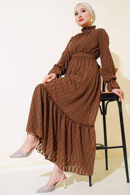 Pazarium - Jakarlı Kat Elbise Kahve