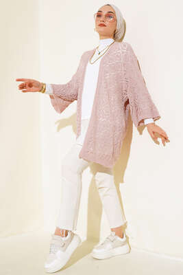 Yarasa Kol Dantel Hırka Pudra - Thumbnail