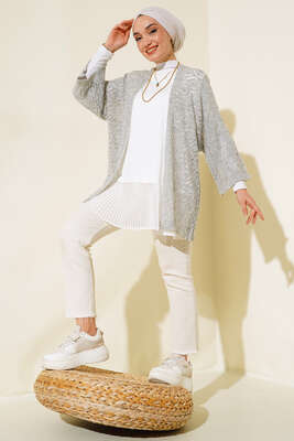 Yarasa Kol Dantel Hırka Gri - Thumbnail