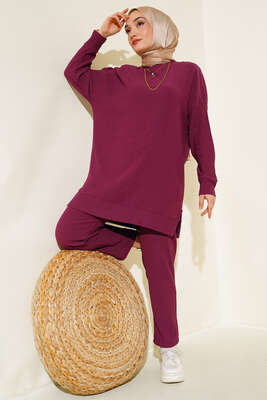 Yanları Yırtmaçlı Bürümcük İkili Takım Mürdüm - Thumbnail