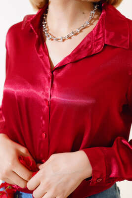 Saten Gömlek Bordo - Thumbnail