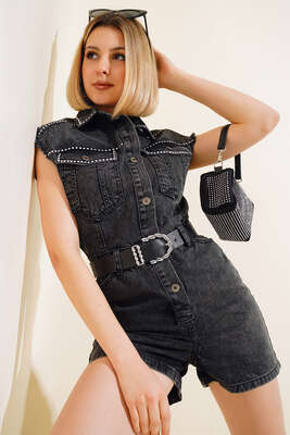 Zımba Detaylı Kot Tulum Füme - Thumbnail