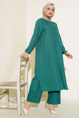 Pazarium - Hakim Yaka Düğmeli İkili Takım Yeşil
