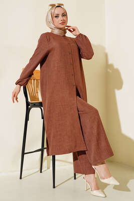 Pazarium - Hakim Yaka Düğmeli İkili Takım Kahve