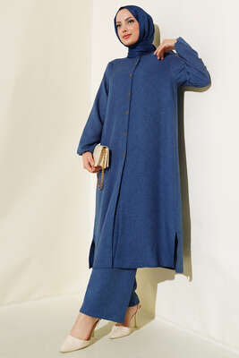 Pazarium - Hakim Yaka Düğmeli İkili Takım İndigo