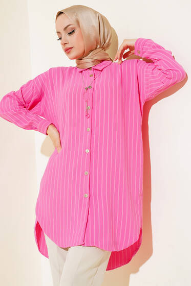 Çizgili Uzun Gömlek Fuşya