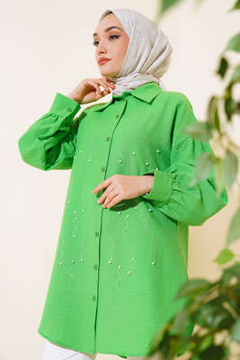 Pazarium - Önü İnci Süslemeli Gömlek Benetton