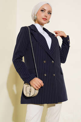 Pazarium - Çizgili Blazer Ceket Lacivert
