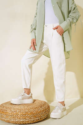 Pazarium - Paça Pensli Jean Pantolon Ekru