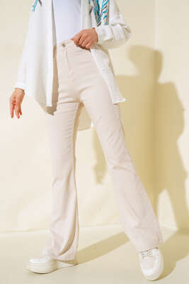 Pazarium - İspanyol Paça Yüksek Bel Bej Jean Pantolon