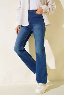 Pazarium - Boru Paça Likralı Kot Pantolon Koyu Mavi