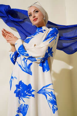 Çicek Desenli Kat Elbise Saks - Thumbnail