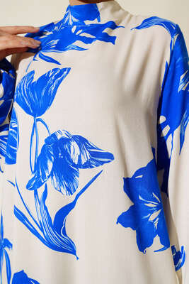 Çicek Desenli Kat Elbise Saks - Thumbnail