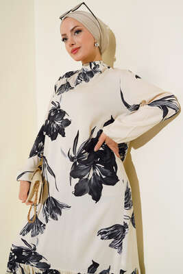 Çicek Desenli Kat Elbise Bej - Thumbnail