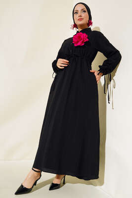 Pazarium - Kol Büzgülü Elbise Siyah