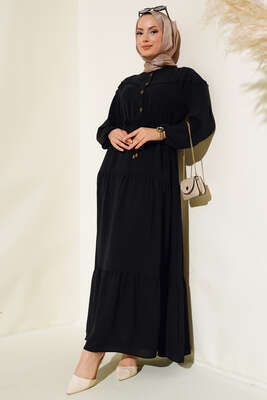 Önü Yarım Düğmeli Kat Kat Elbise Siyah - Thumbnail