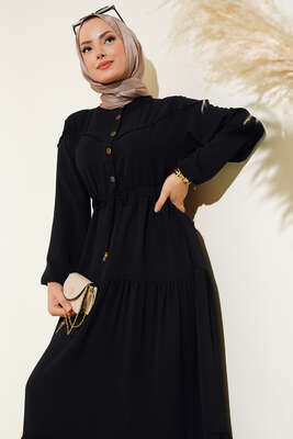 Önü Yarım Düğmeli Kat Kat Elbise Siyah - Thumbnail