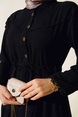 Önü Yarım Düğmeli Kat Kat Elbise Siyah - Thumbnail