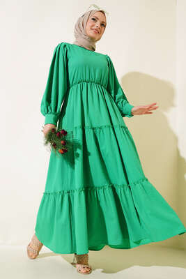 Pazarium - Gofre Kat Kat Elbise Yeşil