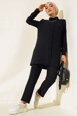 Pazarium - Top Düğmeli Keten İkili Takım Siyah