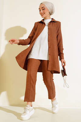 Pazarium - Top Düğmeli Keten İkili Takım Kahve