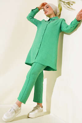 Pazarium - Top Düğmeli Keten İkili Takım Benetton