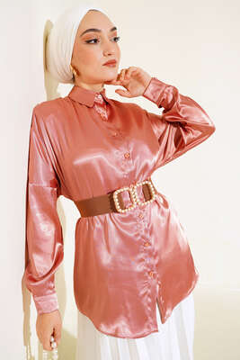 Pazarium - Saten Yarasa Kol Gömlek Taba