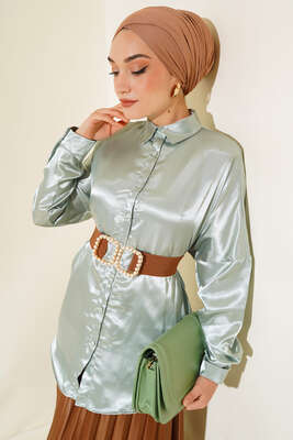 Pazarium - Saten Yarasa Kol Gömlek Çağla Yeşili