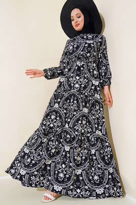 Pazarium - Desenli Bel Tünelli Elbise Siyah