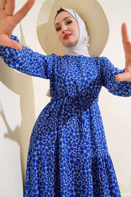 Çiçek Desen Bel Tünelli Elbise Saks - Thumbnail