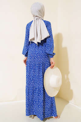 Çiçek Desen Bel Tünelli Elbise Saks - Thumbnail