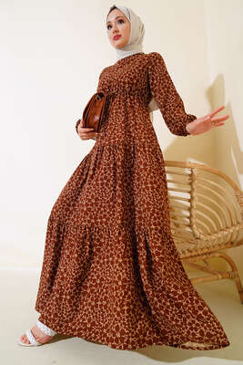 Çiçek Desen Bel Tünelli Elbise Kahve - Thumbnail