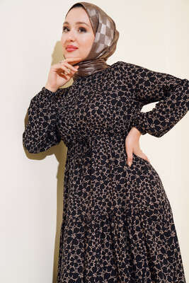 Çiçek Desen Bel Tünelli Elbise Siyah Bej - Thumbnail