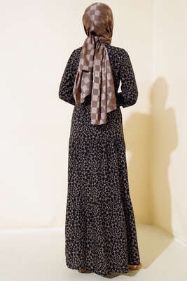 Çiçek Desen Bel Tünelli Elbise Siyah Bej - Thumbnail