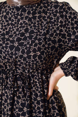 Çiçek Desen Bel Tünelli Elbise Siyah Bej - Thumbnail