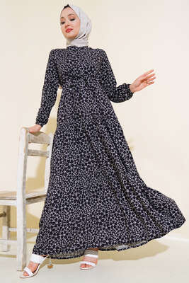 Çiçek Desen Bel Tünelli Elbise Siyah - Thumbnail