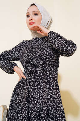 Çiçek Desen Bel Tünelli Elbise Siyah - Thumbnail