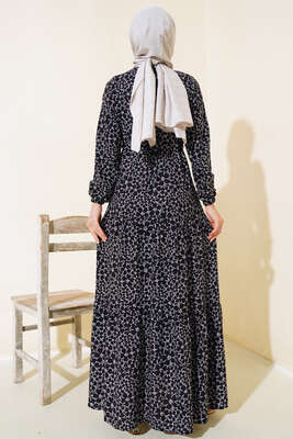 Çiçek Desen Bel Tünelli Elbise Siyah - Thumbnail