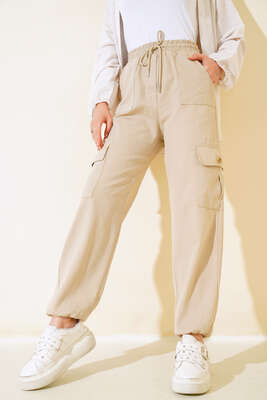 Pazarium - Bel Lastikli Kargo Pantolon Bej