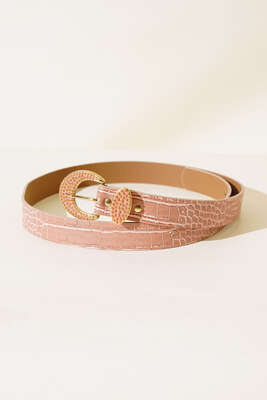 Pazarium - Metal Tokalı Kroko Kemer Pudra