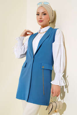 Pazarium - Önü Düğmeli Yelek İndigo